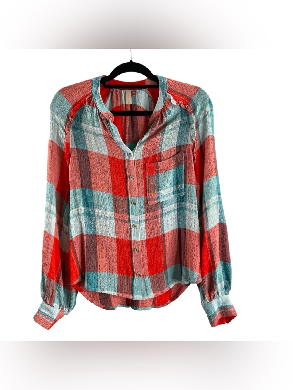 PILCRO ANTHROPOLOGIE Plaid Button-Front Women's Top in Red & Aqua